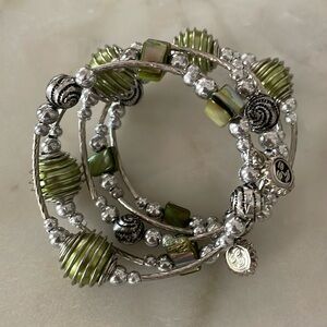NWOT Olive Green and Silvertone Beaded Coiled Flex Bracelet, eye-catching look